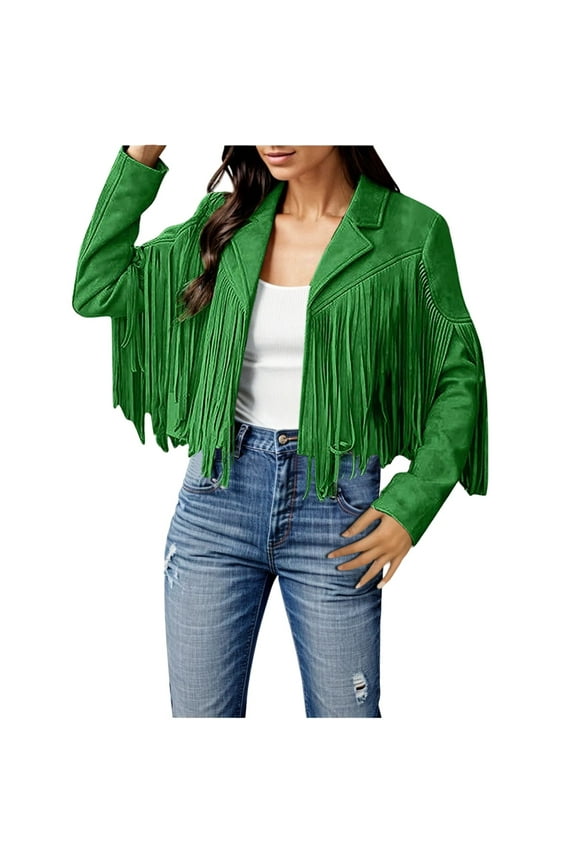 Women's Suede Fringe Tassel Cropped Motorcycle Jacket Fashion Casual Outerwear Coat