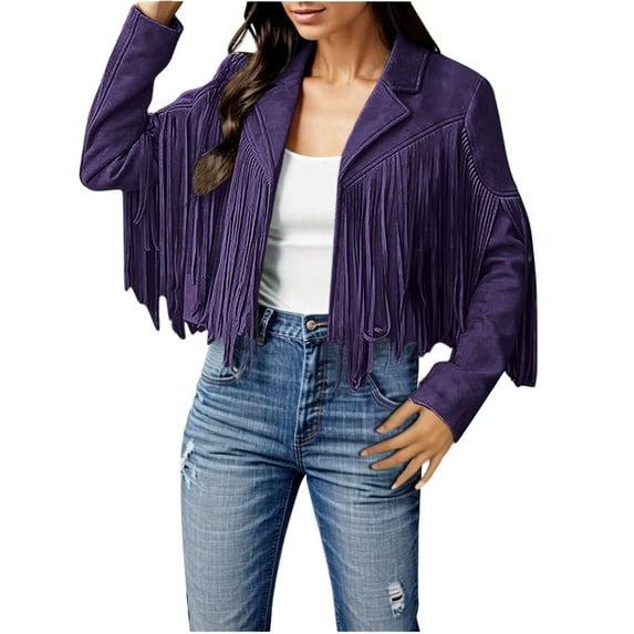 Women's Stylish Fringe Suede Motorcycle Cropped Jacket with Tassel Detail for Casual Wear