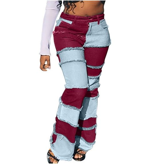 Women's Stylish High Waist Patchwork Jeans Distressed Hippie Vintage Flared Bell Denim Pants