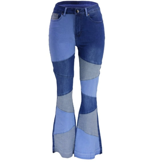 Women's Stylish High Waist Patchwork Jeans Hippie Vintage Flared Bell Denim Pants