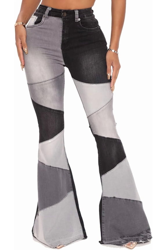 Women's Stylish High Waist Patchwork Jeans Hippie Vintage Flared Bell Denim Pants