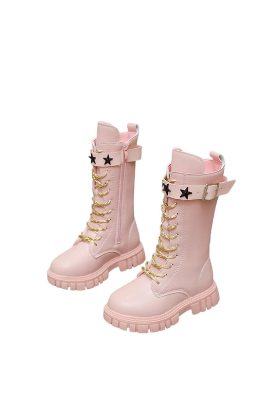 Women's Stylish Korean-Inspired Star-Decorated Black Ankle Boots with Gold Lacing and Belt Buckle for Special Events and Daily Wear