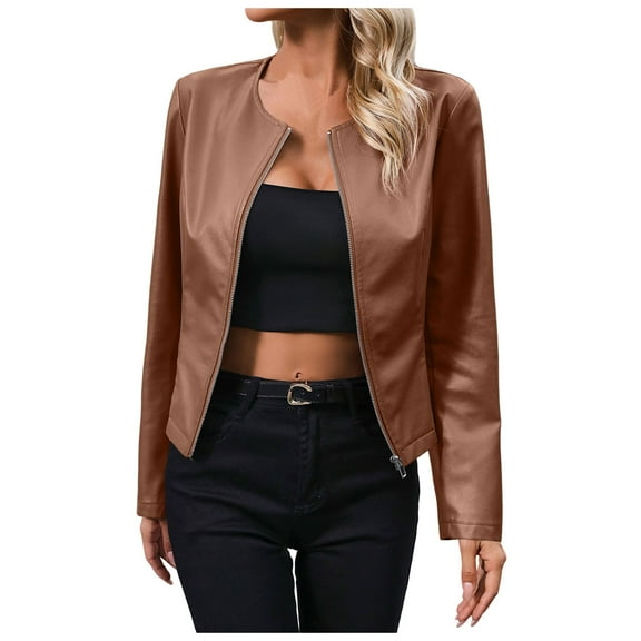 Women's Stylish PU Leather Jacket Coat Zippered Outerwear for Fashionable Layering