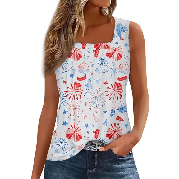 Women's Stylish Pleated Square Neck Vest Top, Patriotic Independence Day Printed Sleeveless Shirt for Daily & Vacation Wear,Light Blue S