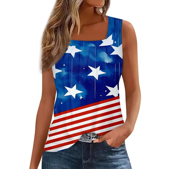 Women's Stylish Pleated Square Neck Vest Top, Patriotic Independence Day Printed Sleeveless Shirt for Daily & Vacation Wear,Royal Blue S