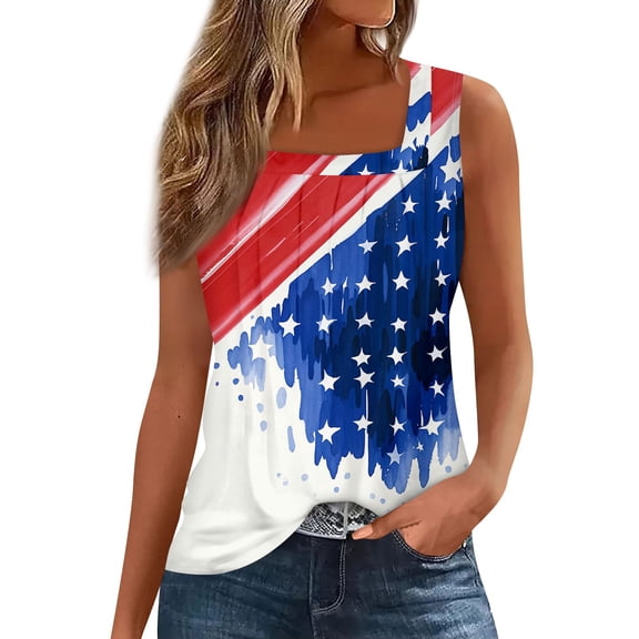 Women's Stylish Pleated Square Neck Vest Top, Patriotic Independence Day Printed Sleeveless Shirt for Daily & Vacation Wear,Sky Blue 2XL