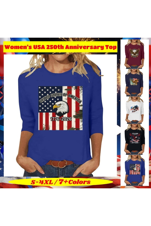 Women's Stylish Printed 3/4 Sleeve Top, Round Neck Casual Pullover T-Shirt Blouse, USA 250th Anniversary Lightweight Soft Summer Fashion Shirt, Honor and Glory, S-4XL