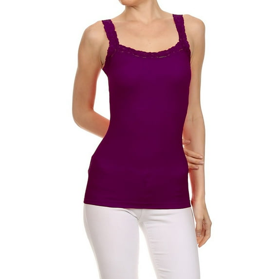 Women's Stylish Scoop Neck Lace Trim Cami Tunic Tank Top, Purple