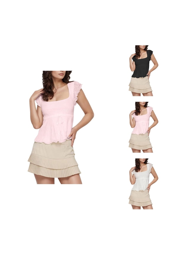 Women's Stylish Short Sleeve T Shirt Ruffled Hem Tie Front Crop Top Summer Casual Blouse Fashion Tee