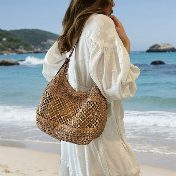 Women's Stylish Shoulder Bag Woven Tote Handbag for Daily Commute Beach Adjustable Strap Zipper Closure