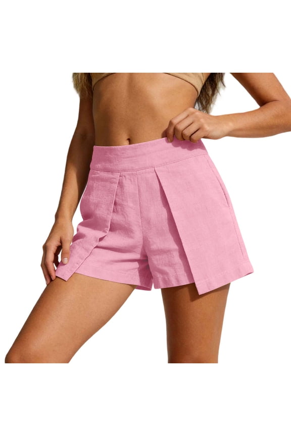 Women's Stylish Skirted Summer Linen Shorts, Elastic High Waisted Loose Business Work Shorts with Pockets