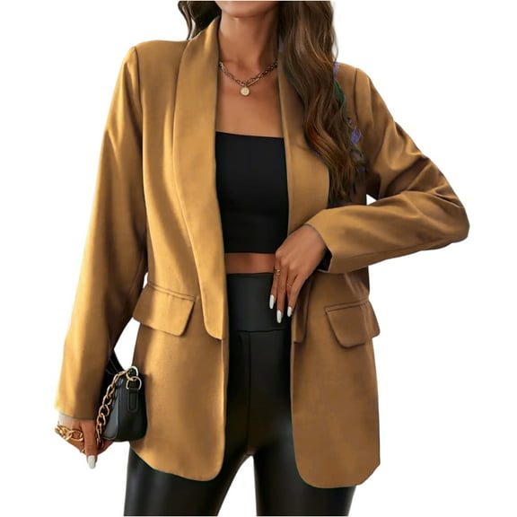 Women's Stylish Solid Color Lapel Small Suit Jacket for Fall and Winter , Elegant Blazer Coat for Office and Formal Occasions,Ginger,L