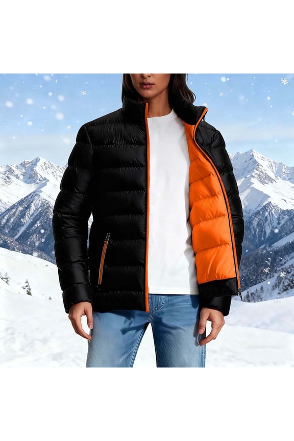 Women's Stylish Solid Color Parka - Stand Up Collar Long Sleeve with Dual Pockets & Zipper, Warm Casual Fashion Outerwear for Everyday Wear Orange L