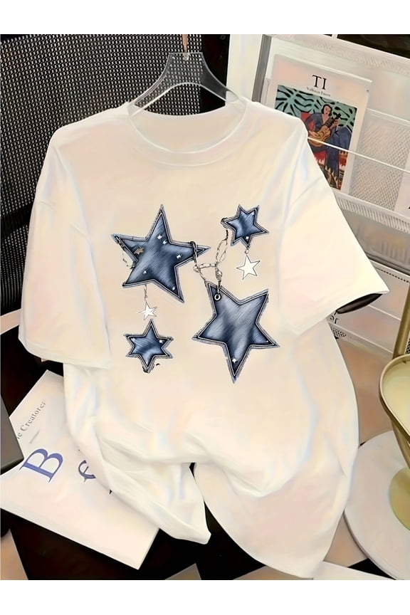 Women's Stylish Star Print Short-Sleeve T-Shirt - Soft & Breathable Cotton Blend, Perfect for Summer Casual Wear - Geometric Blue Star Design, Machine Washable, Round Neck, Lightweight & Comfortable,
