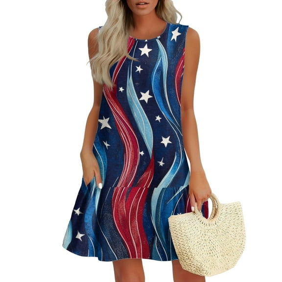Women's Stylish Sundress, Sleeveless Round Neck Summer Dress with Independence Day Design, Perfect for Fireworks and BBQs,Light Blue M