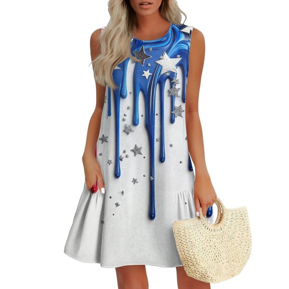 Women's Stylish Sundress, Sleeveless Round Neck Summer Dress with Independence Day Design, Perfect for Fireworks and BBQs,Sky Blue S