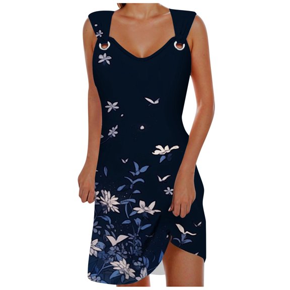 Women's Stylish Suspender Casual Dress with Metal Ring Detail Loose Fit Mid-Length Skirt Comfortable Printed Flowy Summer Outfit