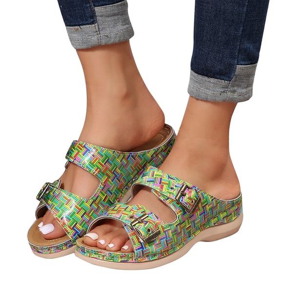 Women's Stylish Two Straps Sandals Slide On Walking Comfort Shoes Faux Crocodile Skin Beach Sandal Printed Slides