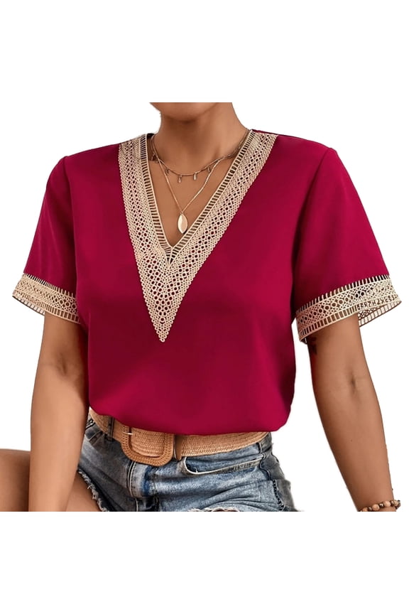Women's Stylish V-Neck Casual Top for Dates, Loose Fit, Size M Burgundy Lace Crochet Blouse Bienvenido