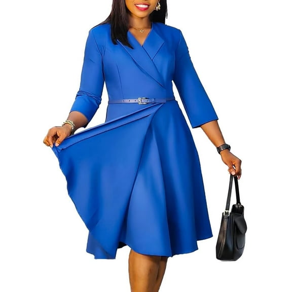 Women's Stylish V-Neck Pleated Dress Workwear Dresses Formal Business Work Dress