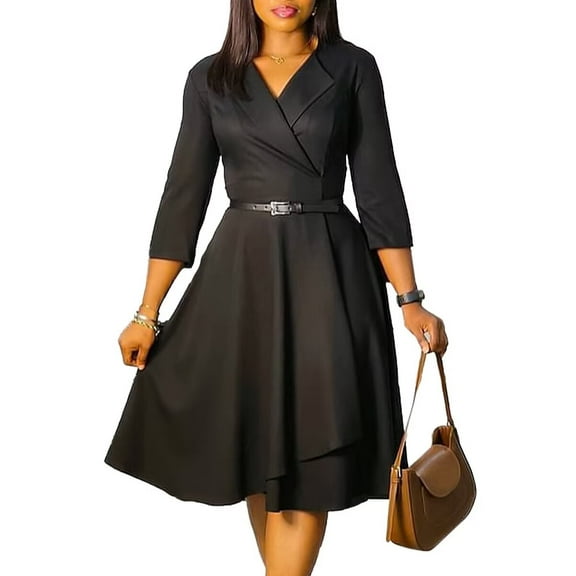 Women's Stylish V-Neck Pleated Dress Workwear Dresses Formal Business Work Dress