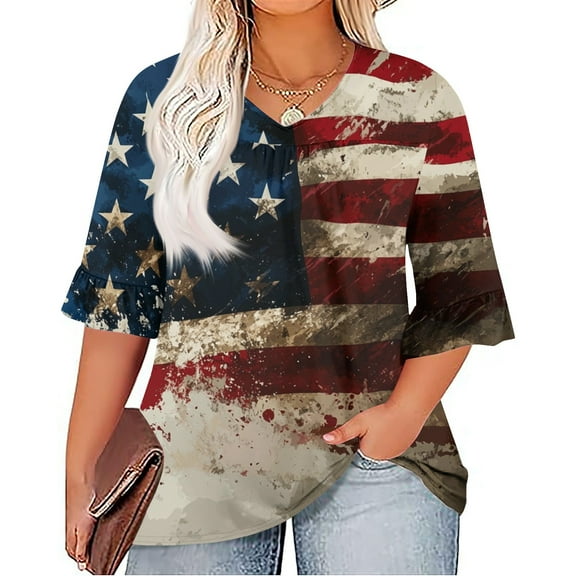 Women's Stylish V-Neck Ruffle Sleeve Top - 3/4 Length Sleeve Casual Blouse with Independence Day Design for Plus Size, Perfect for Summer & Festive Occasions,Wine 2XL