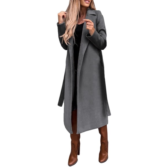 Women's Stylish Wool Trench Coat Long Jacket Slim Fit Belted Elegant Overcoat Casual Outwear