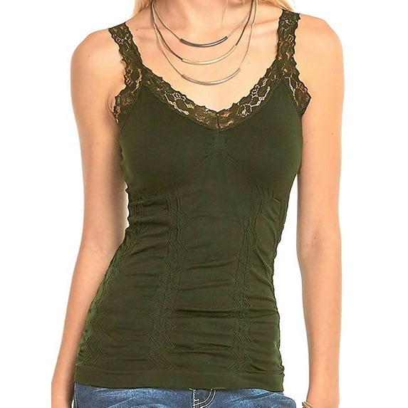 Women's Stylish Wrinkled Scoop Neck Lace Straps Cami Tank Top - Olive