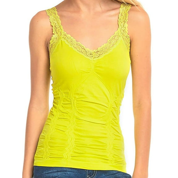 Women's Stylish Wrinkled Scoop Neck Lace Straps Cami Tank Top - Sunny Lime