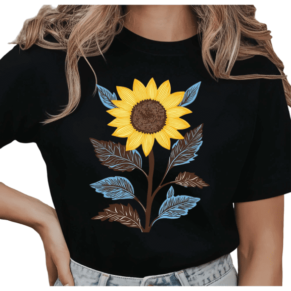 Women's Stylized Sunflower With Blue And Brown Leaves Floral Graphic Comfortable T Shirt Short Sleeve Round Neck Top Black S-5XL