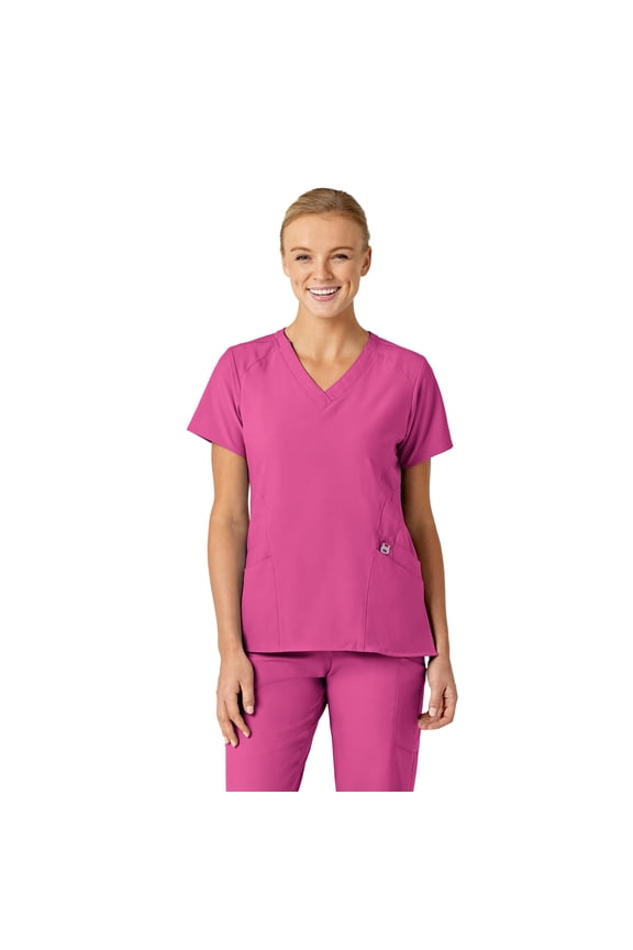 W123 Women's Stylized V-Neck Scrub Top, Hot Pink, L Womens