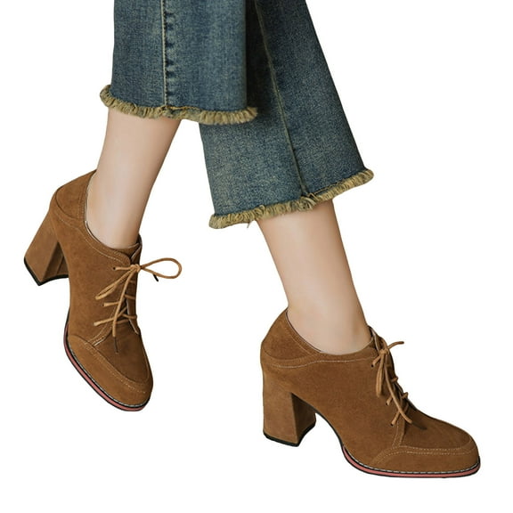 Women's Suede Ankle Boots Chunky High Heeled Lace Up Fall Booties Low Top Casual Dress Shoes