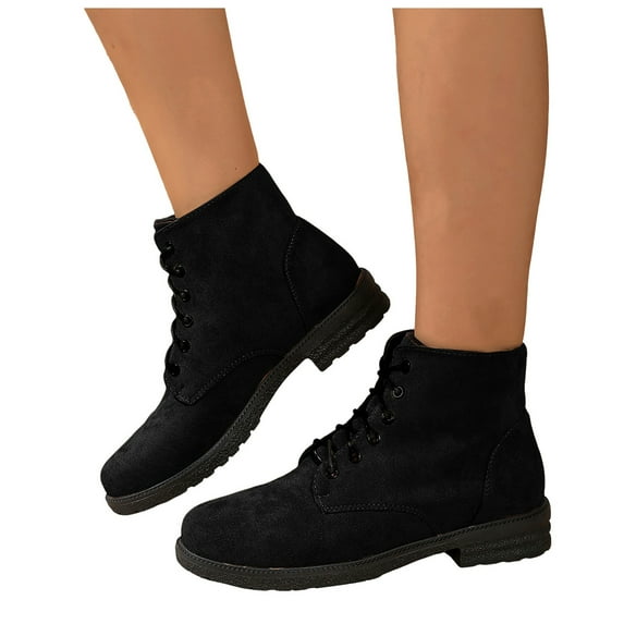 Women's Suede Ankle Boots Lace Up Flat Fashion Combat Booties Low Heel Non Slip Dressy Walking Shoes