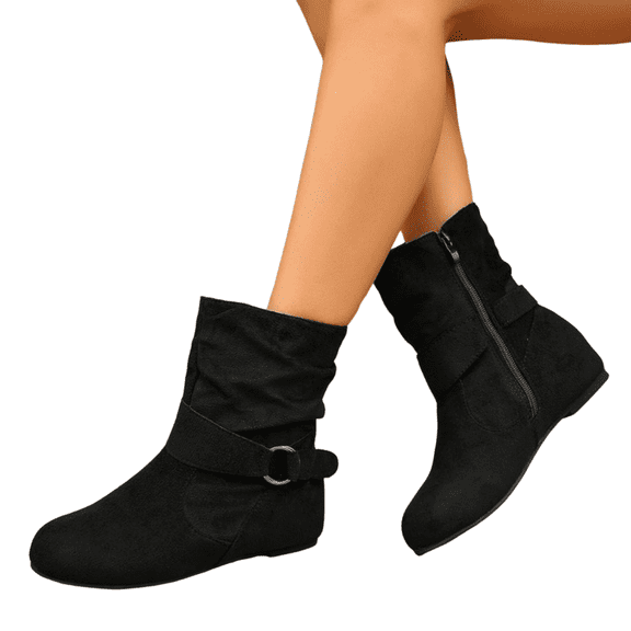 Women's Suede Ankle Boots, Low Stacked Heel Slip On Booties, Comfortable Fall Winter Boots with Buckle Detail for Casual Dress