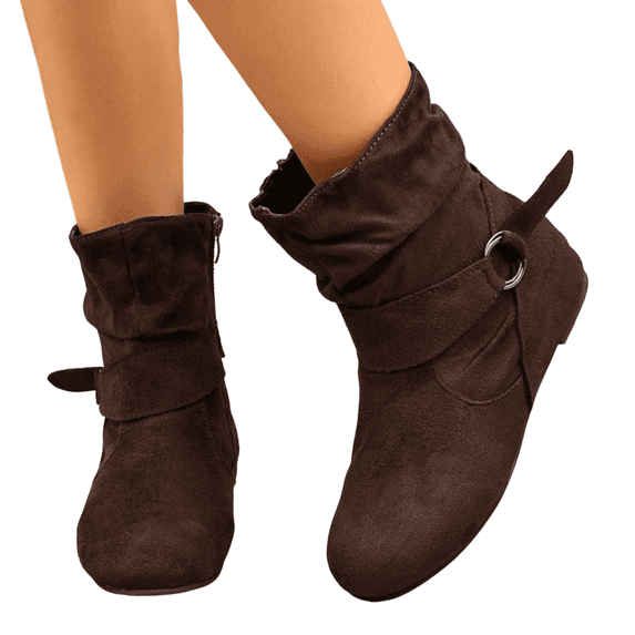 Women's Suede Ankle Boots, Low Stacked Heel Slip On Booties, Comfortable Fall Winter Boots with Buckle Detail for Casual Dress