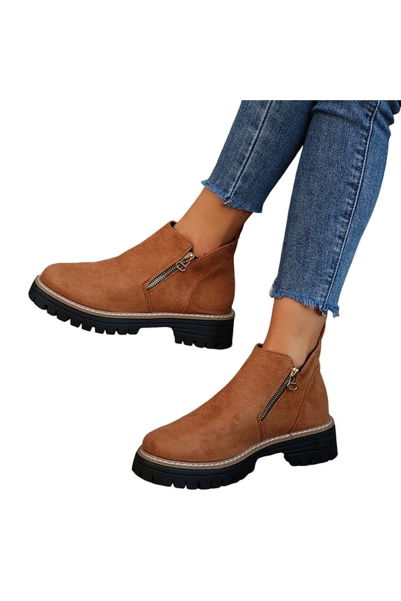 Women's Suede Ankle Boots Thick Sole Slip On Platform Combat Booties with Side Zipper Casual Non Slip Dress Loafers Brown Size 9