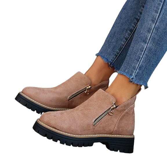 Women's Suede Ankle Boots Thick Sole Slip On Platform Combat Booties with Side Zipper Casual Non Slip Dress Loafers Pink Size 6