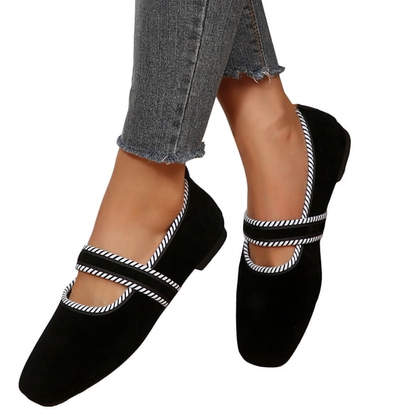 Women's Suede Ballet Flat Shoes Fashion Square Toe Low Heel Mary Jane Shoes Low Top Dress Loafers with Ankle Strap Black Size 9.5