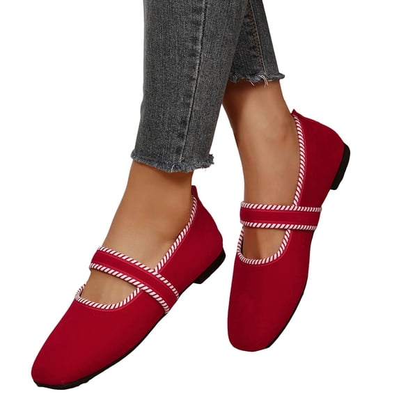 Women's Suede Ballet Flat Shoes Fashion Square Toe Low Heel Mary Jane Shoes Low Top Dress Loafers with Ankle Strap Red Size 9.5