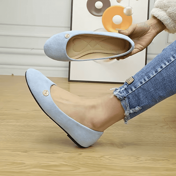 Women's Suede Ballet Flats with Gold Emblem Detail, Round Toe Slip-On Casual Shoes, Comfortable Footwear for Office, Parties and Daily Wear Blue 40