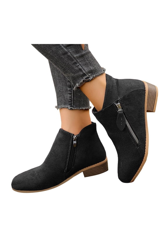 Women's Suede Black Ankle Boots Classic Low Chunky Heel Side Zipper Dress Booties Casual Short Fall Boots