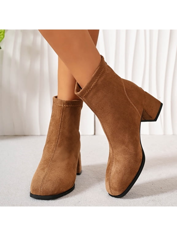 Women's Suede Boots Ankle Booties Chunky Mid Heel Solid Short Boots for Work Casual Fall Winter