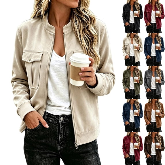Women's Suede Cargo Jacket Workwear Long Sleeve Fall Coat Black Casual Trendy Outerwear for Daily Wear