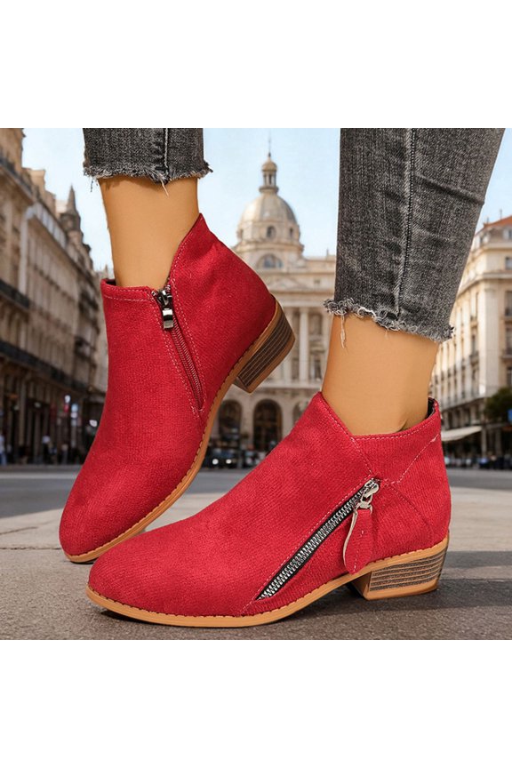 Women's Suede Chunky Heel Walking Ankle Boots With Side Zipper Retro Pointed Toe Low Block Heel Comfortable Work Boots Stylish Everyday Non-Slip Boot