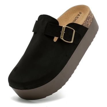Women's Suede Clogs Leather Platform Mules Cork Footbed Sandals Comfort Potato Shoes with Arch Support Adjustable Buckle Slip On Slippers