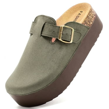 Women's Suede Clogs Leather Platform Mules Cork Footbed Sandals Comfort Potato Shoes with Arch Support Adjustable Buckle Slip On Slippers