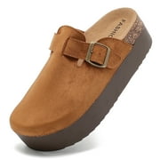 LCAMAW Women's Suede Clogs Leather Platform Mules Cork Footbed Sandals Comfort Potato Shoes with Arch Support Adjustable Buckle Slip On Slippers