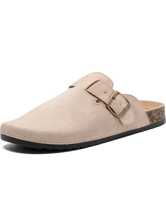 Women's Suede Clogs Mens Leather Mules Comfort Cork Footbed Antislip House Sandals Arch Support Potato Shoes with Adjustable Buckle