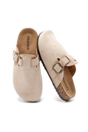 Suede Clogs for Women & Men Cork Footbed Leather Mules Potato Shoes|Non-slip Sole, Adjustable Metal Buckle, Slip-on Sandals Potato Shoes with Arch Support for Indoor and Outdoor,Beige