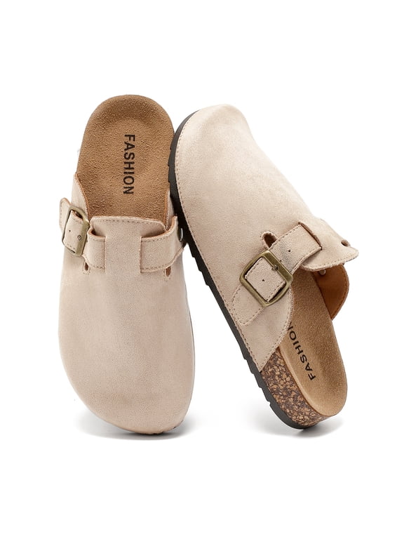 Suede Clogs for Women & Men Cork Footbed Leather Mules Potato Shoes|Non-slip Sole, Adjustable Metal Buckle, Slip-on Sandals Potato Shoes with Arch Support for Indoor and Outdoor,Beige
